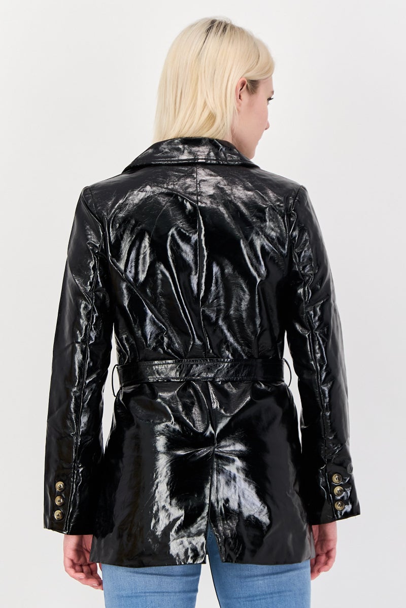 NIA Women Solid Long Sleeve Trench Coat, Black - Image 4